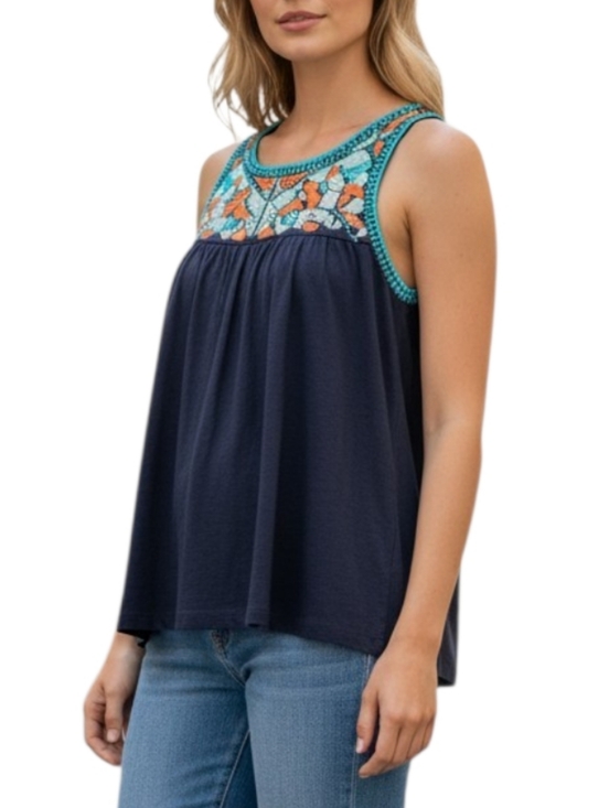 crown & ivy Tops - Crown & Ivy Boho Embroidered Yoke Sleeveless Blouse Tank